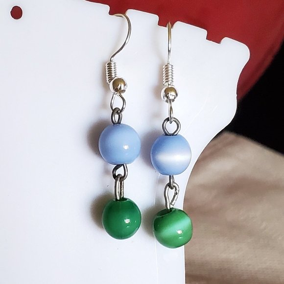 Silver Tone Hook Green and Blue Cat's Eye Earrings - Picture 1 of 3